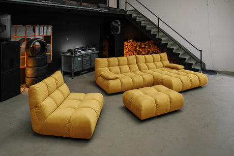 KAWOLA Sitzgruppe VIVIEN Ecksofa Drehsessel Hockerbank Velvet curry, Rechts