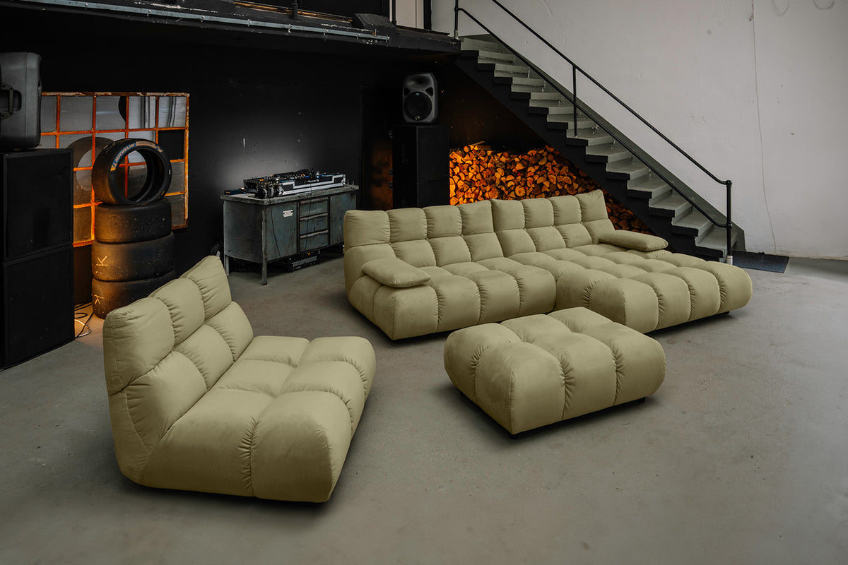 KAWOLA Sitzgruppe VIVIEN Ecksofa Drehsessel Hockerbank Velvet oliv, Rechts