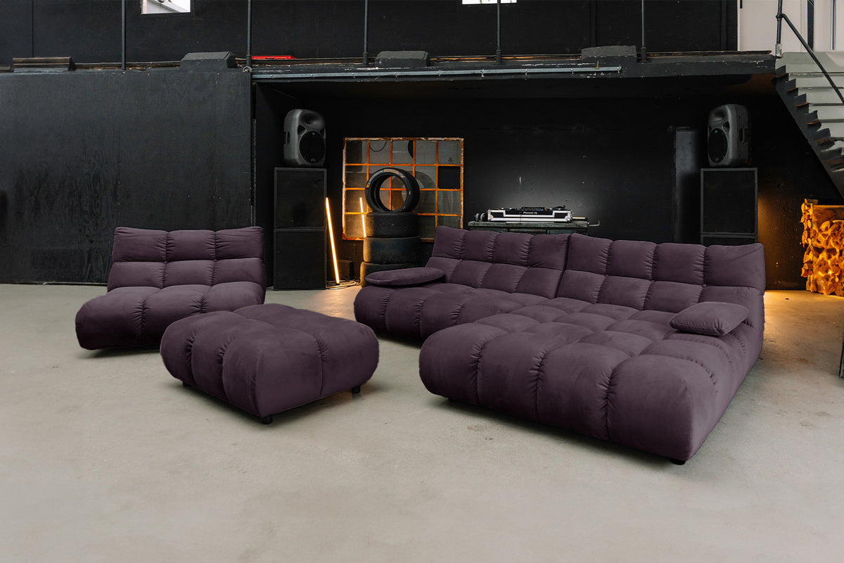 KAWOLA Sitzgruppe VIVIEN Ecksofa Drehsessel Hockerbank Velvet purple