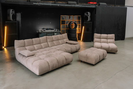 KAWOLA Sitzgruppe VIVIEN Ecksofa Drehsessel Hockerbank Velvet sand, Links