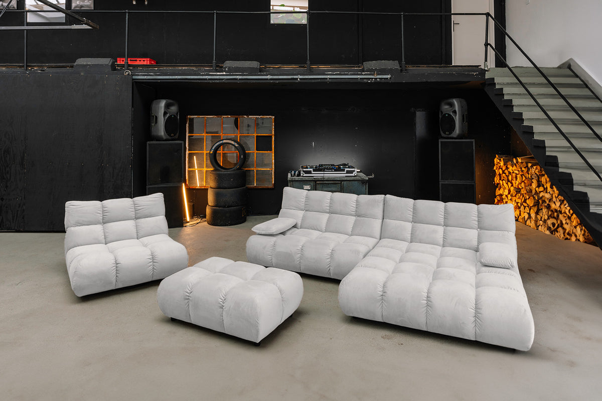 KAWOLA Sitzgruppe VIVIEN Ecksofa Drehsessel Hockerbank Velvet silber
