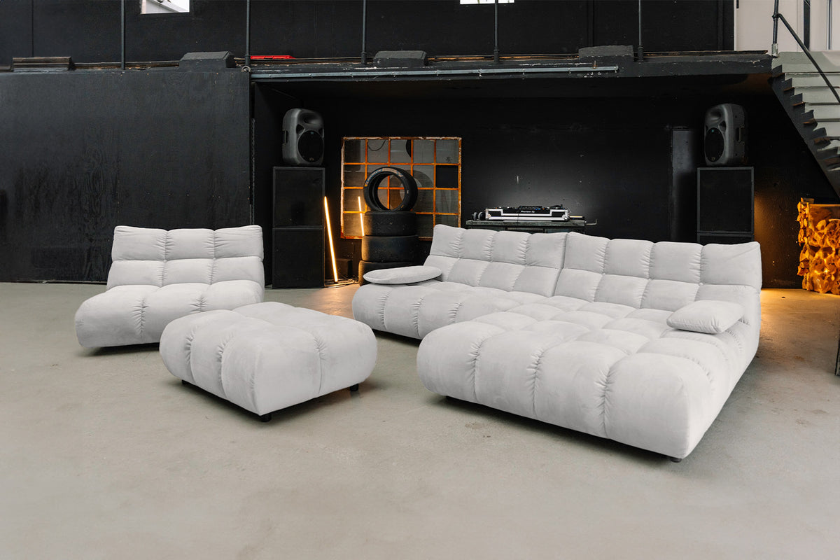 KAWOLA Sitzgruppe VIVIEN Ecksofa Drehsessel Hockerbank Velvet silber