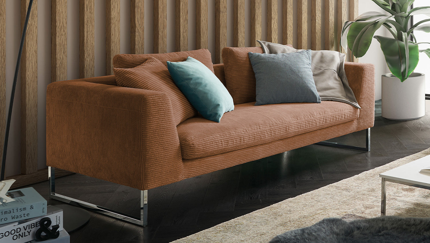 KAWOLA Sofa ARIAN 2, 5-Sitzer Metallkufe chrom Cord rost
