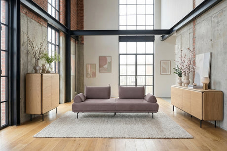 KAWOLA Sofa CANE Schlafsofa Daybed Stoff lila, mit 2 Armlehnkissen