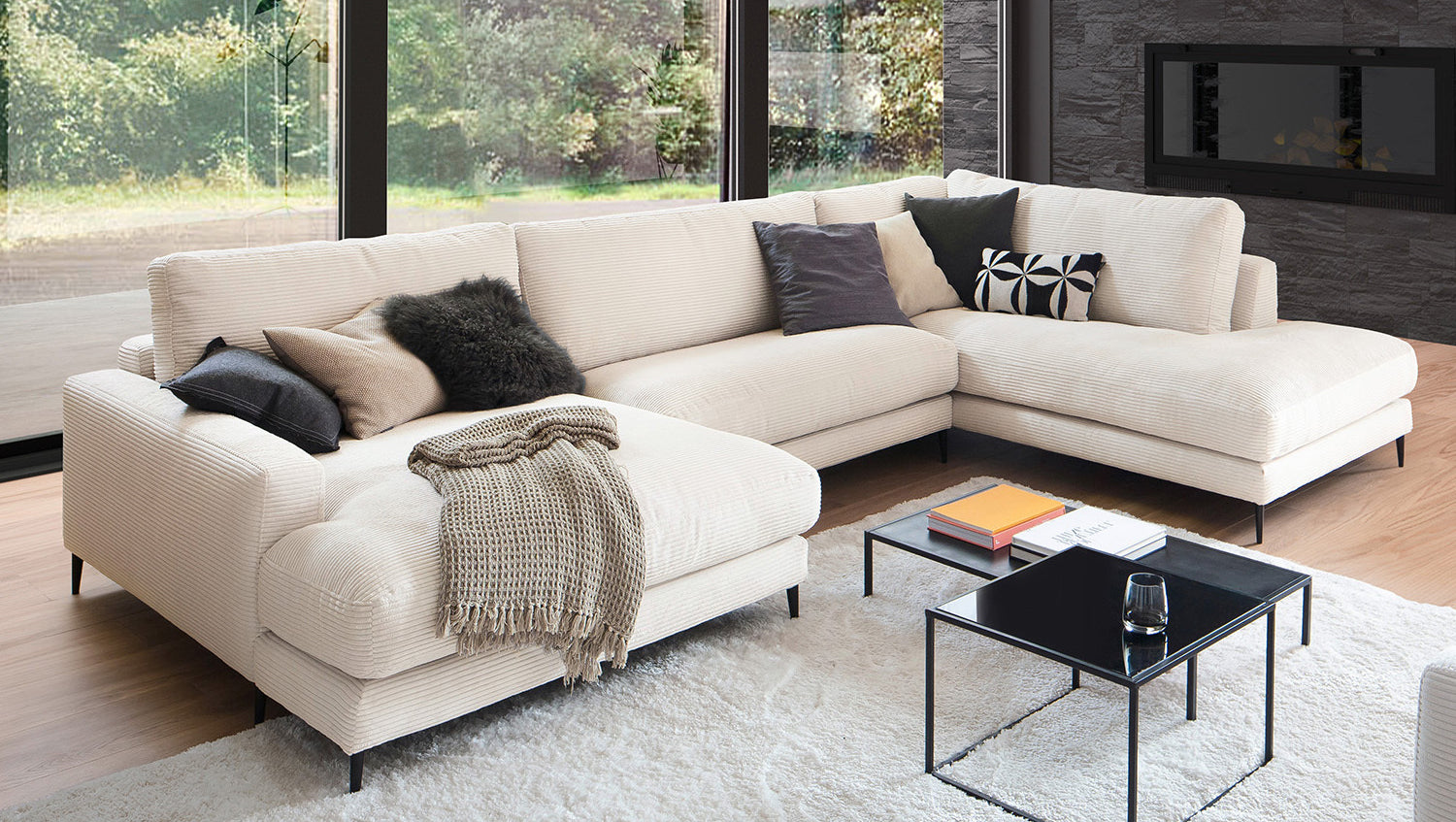 KAWOLA Sofa CARA Wohnlandschaft U-Form Cord cremeweiß