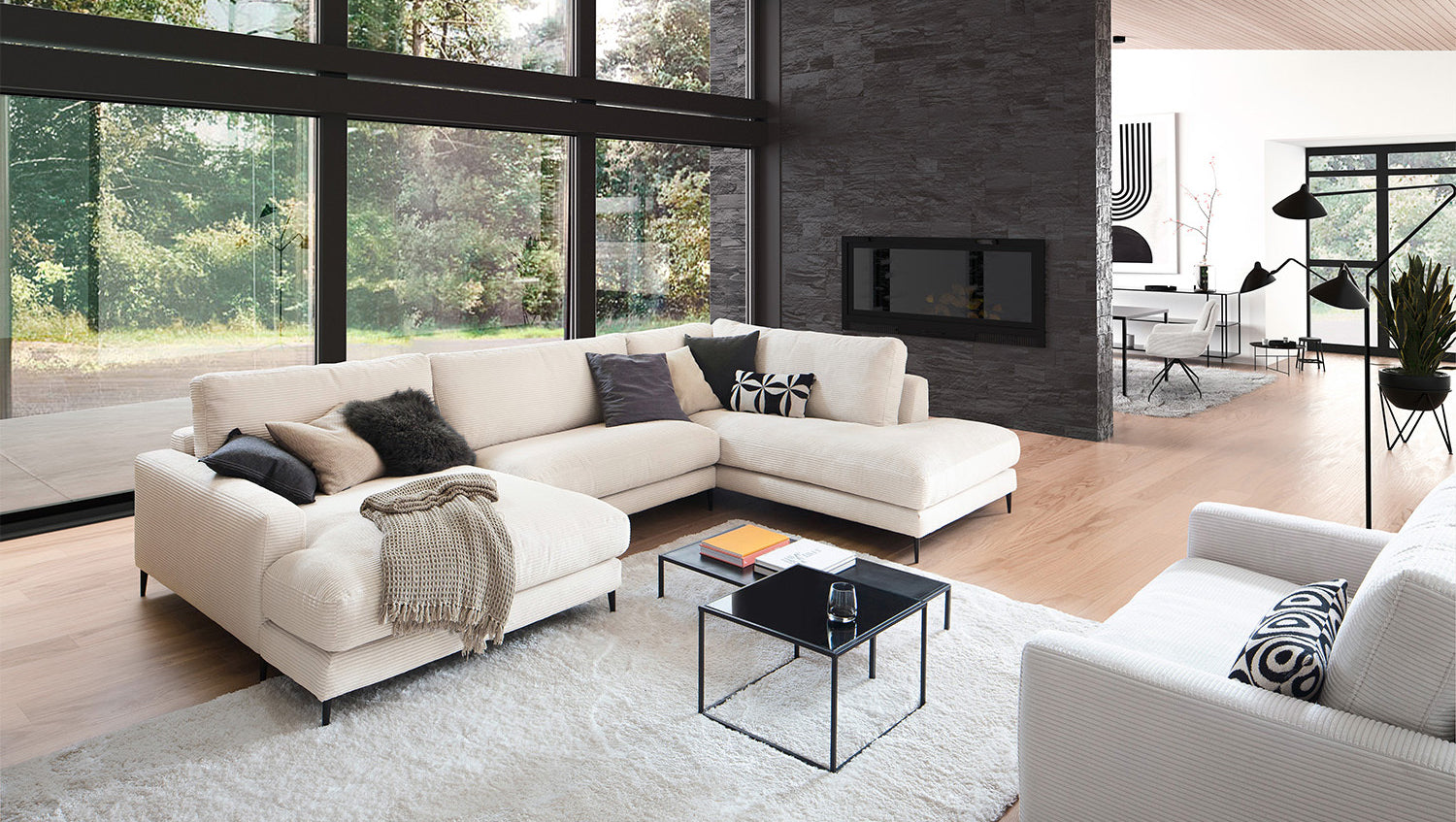 KAWOLA Sofa CARA Wohnlandschaft U-Form Cord cremeweiß, Links