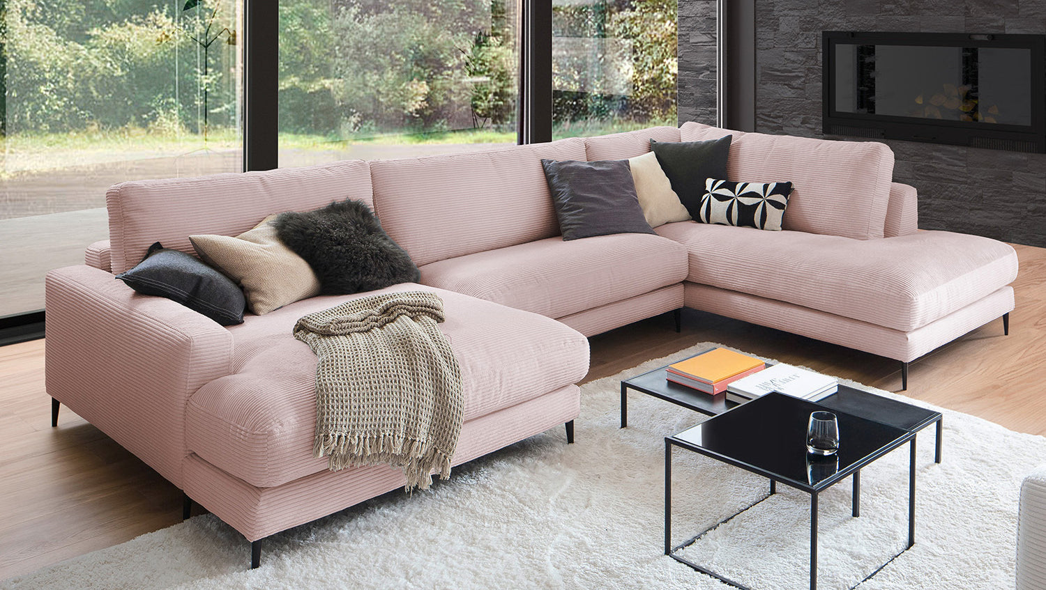 KAWOLA Sofa CARA Wohnlandschaft U-Form Cord rosa