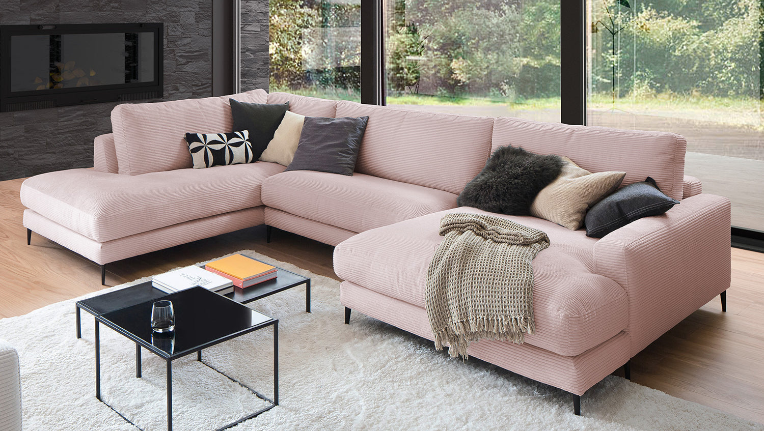 KAWOLA Sofa CARA Wohnlandschaft U-Form Cord rosa
