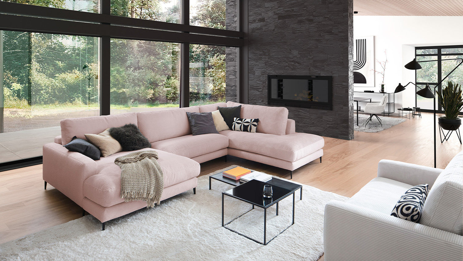 KAWOLA Sofa CARA Wohnlandschaft U-Form Cord rosa, Links