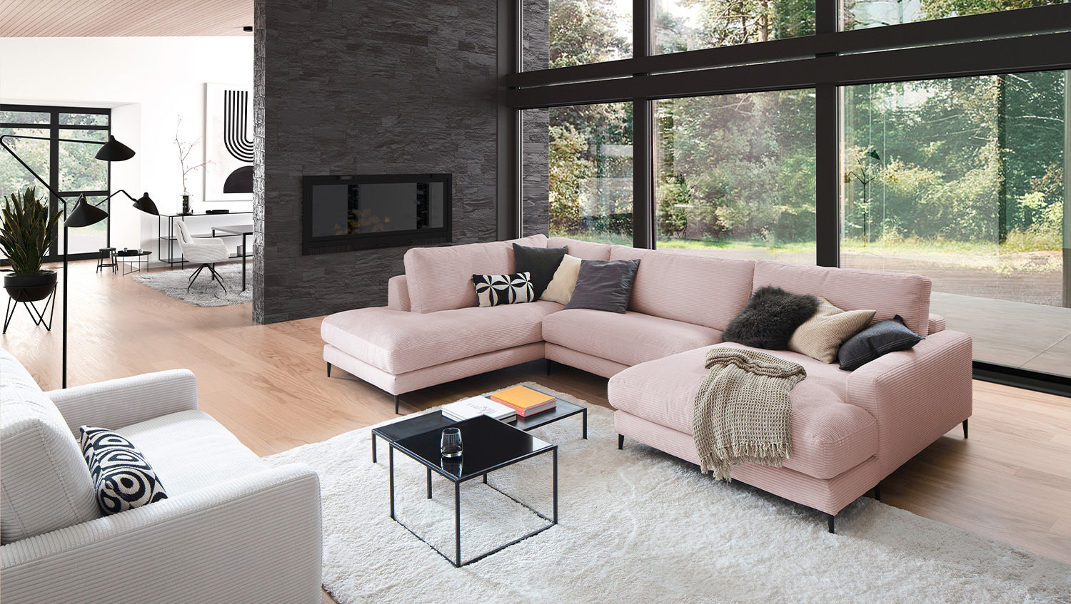 KAWOLA Sofa CARA Wohnlandschaft U-Form Cord rosa, Rechts