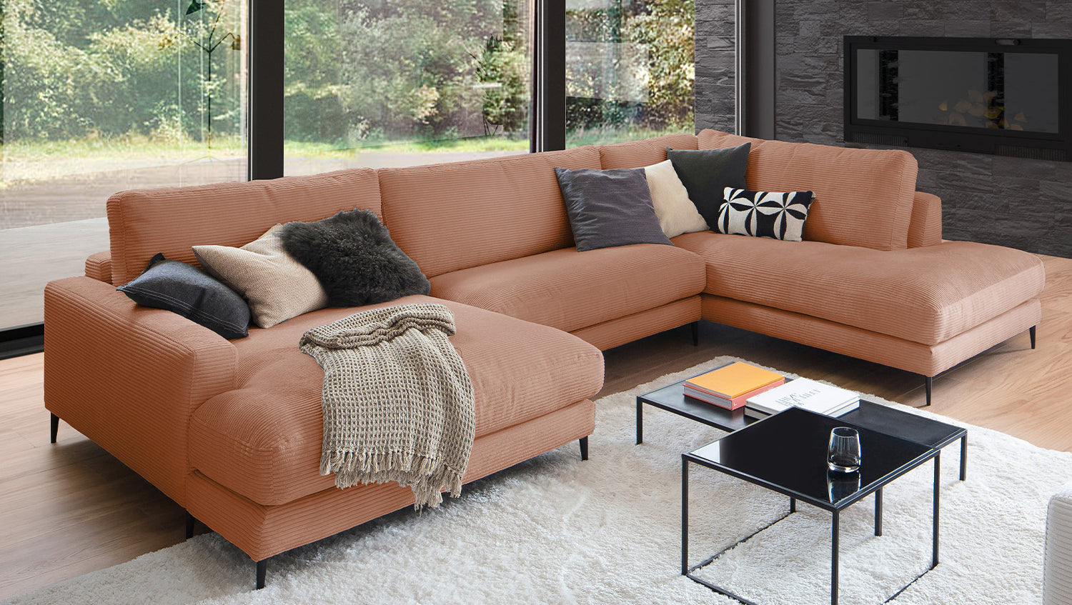 KAWOLA Sofa CARA Wohnlandschaft U-Form Cord rost