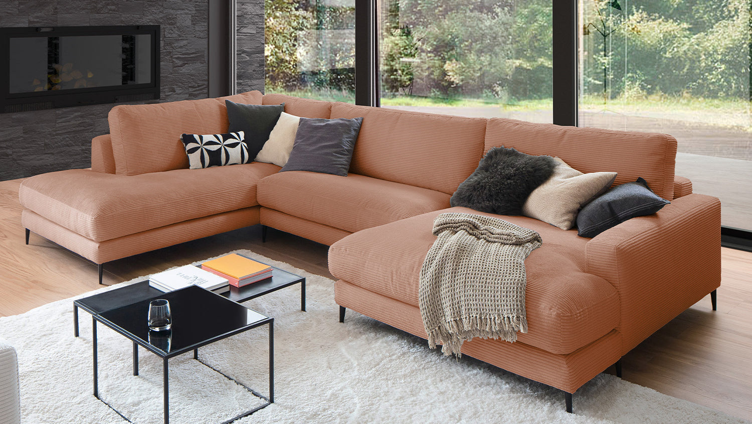 KAWOLA Sofa CARA Wohnlandschaft U-Form Cord rost