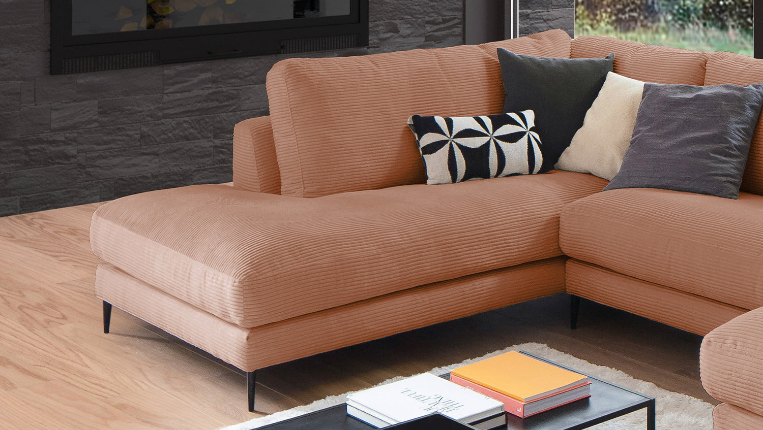 KAWOLA Sofa CARA Wohnlandschaft U-Form Cord rost
