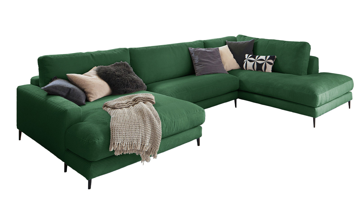 KAWOLA Sofa CARA Wohnlandschaft U-Form Cord smaragd