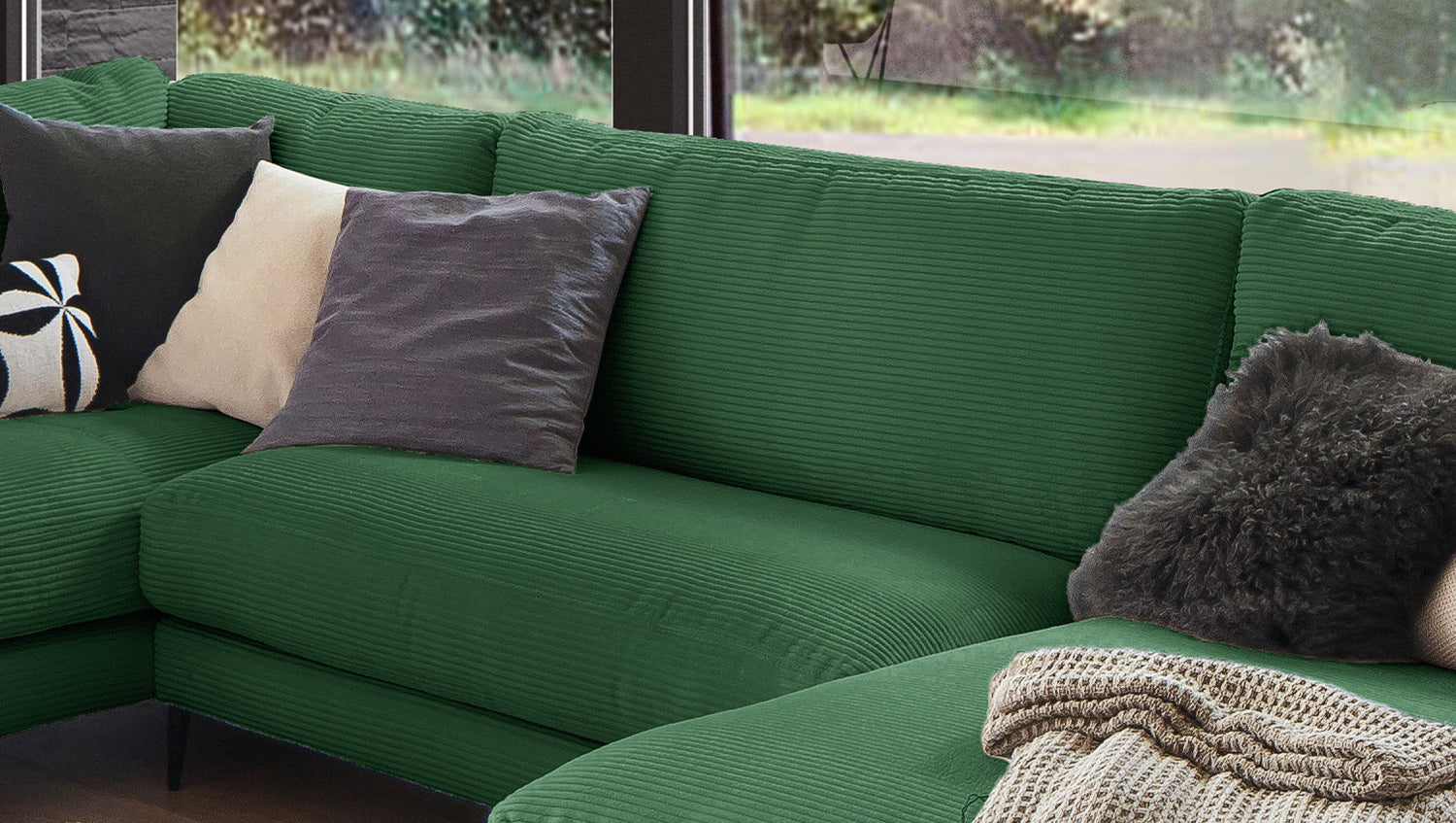 KAWOLA Sofa CARA Wohnlandschaft U-Form Cord smaragd