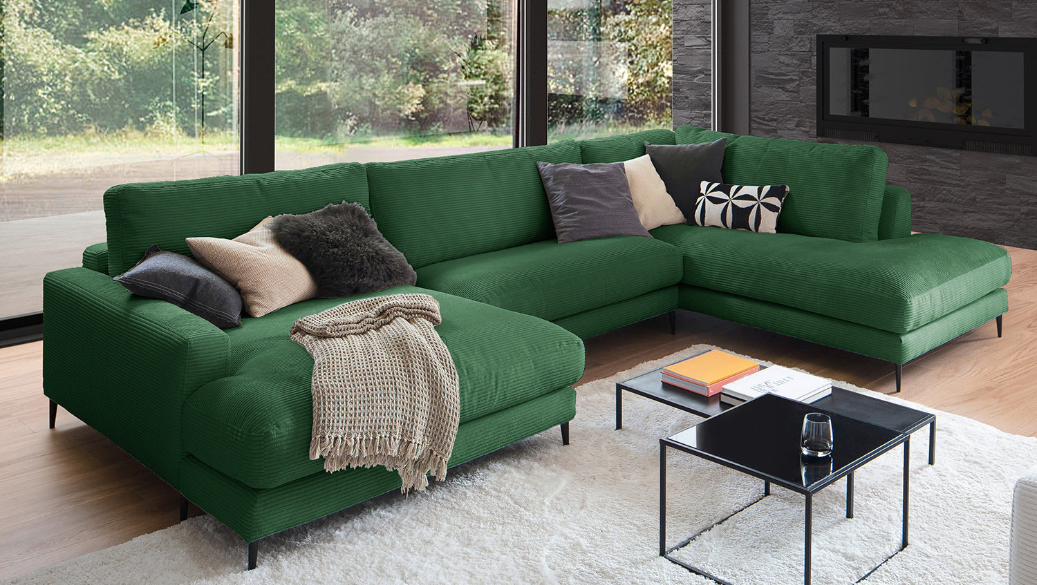 KAWOLA Sofa CARA Wohnlandschaft U-Form Cord smaragd