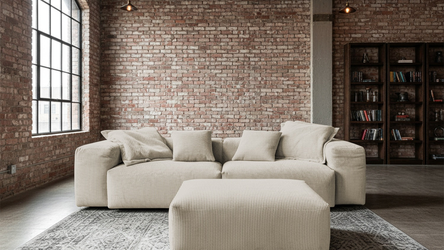 KAWOLA Sofa CELESTE 4-Sitzer mit Hocker Cord cremeweiß