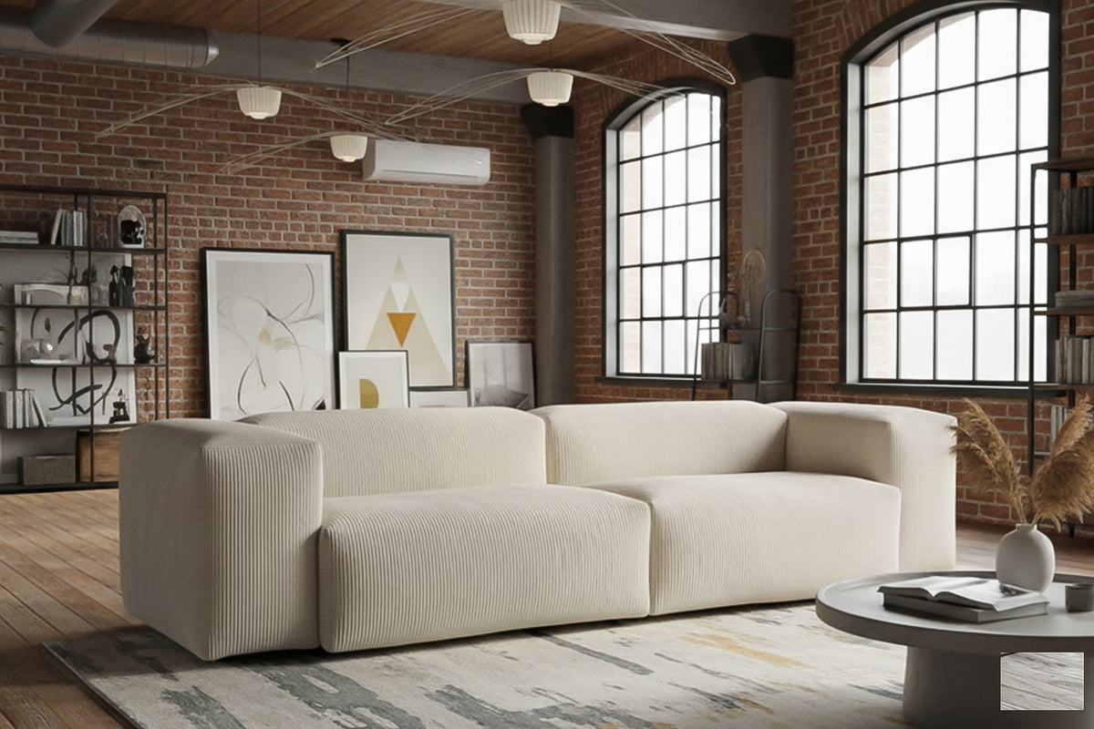 KAWOLA Sofa CELESTE 4-Sitzer mit Hocker Cord cremeweiß