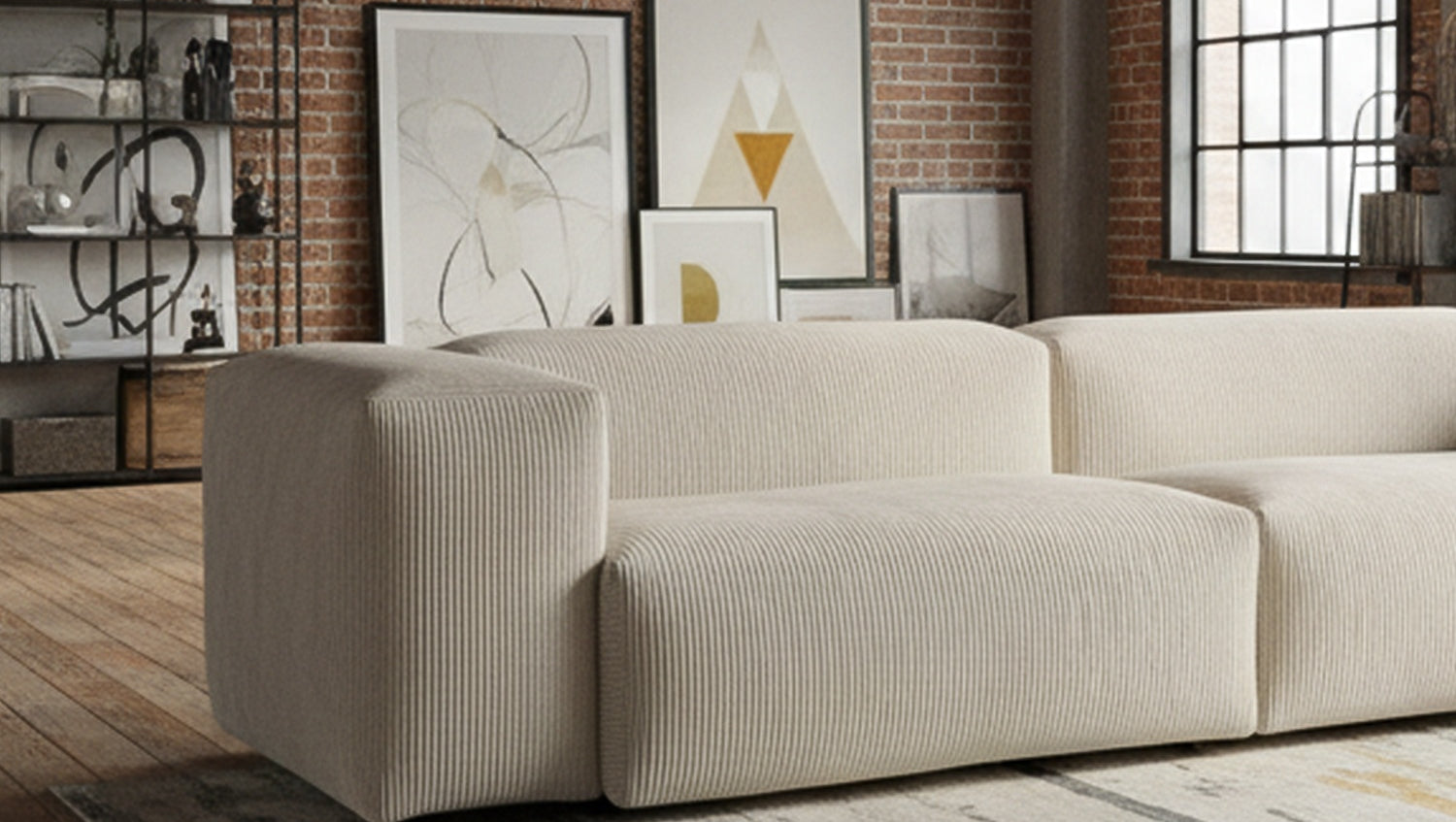 KAWOLA Sofa CELESTE 4-Sitzer mit Hocker Cord cremeweiß