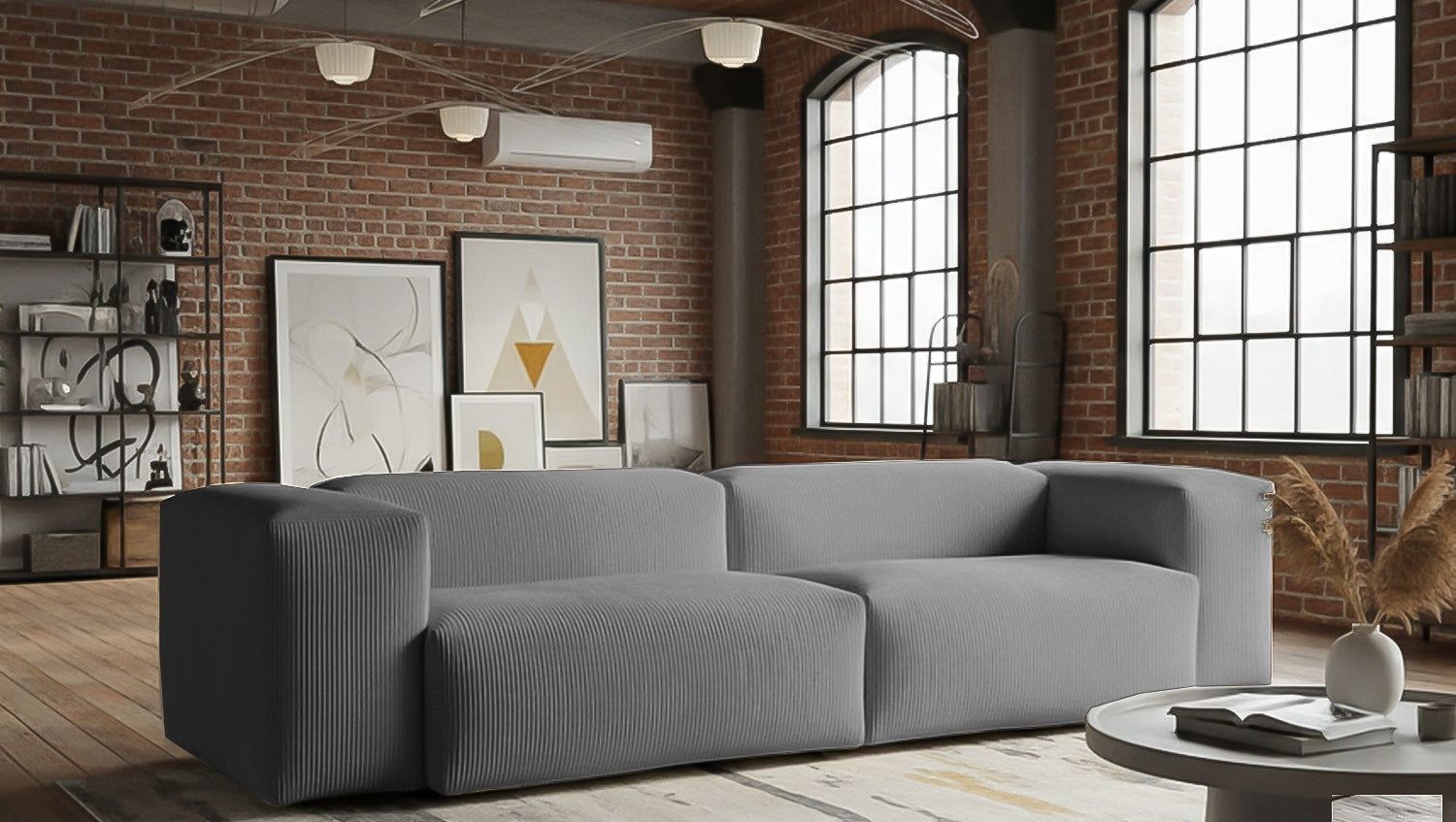 KAWOLA Sofa CELESTE 4-Sitzer mit Hocker Cord grau