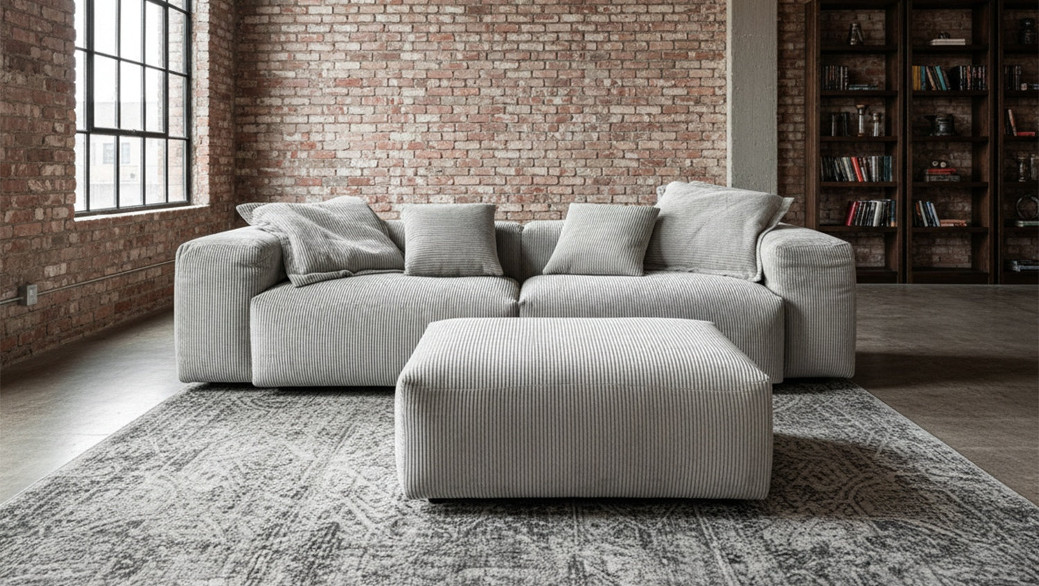 KAWOLA Sofa CELESTE 4-Sitzer mit Hocker Cord hellgrau