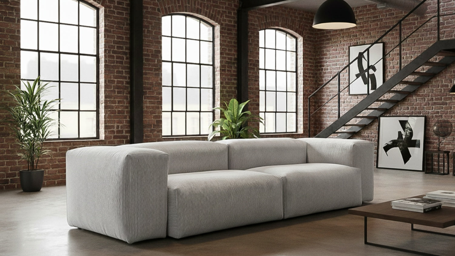 KAWOLA Sofa CELESTE 4-Sitzer mit Hocker Cord hellgrau