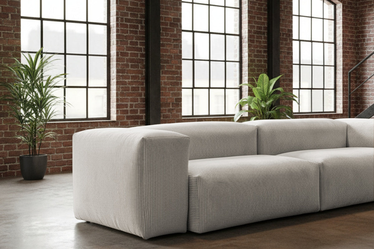 KAWOLA Sofa CELESTE 4-Sitzer mit Hocker Cord hellgrau