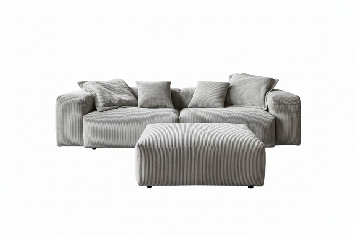 KAWOLA Sofa CELESTE 4-Sitzer mit Hocker Cord hellgrau