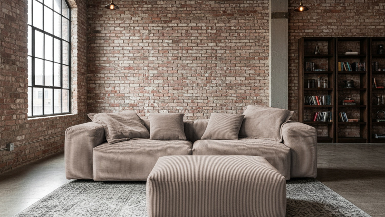 KAWOLA Sofa CELESTE 4-Sitzer mit Hocker Cord taupe