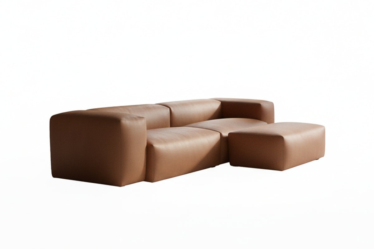 KAWOLA Sofa CELESTE 4-Sitzer mit Hocker Lederfaserstoff cognac