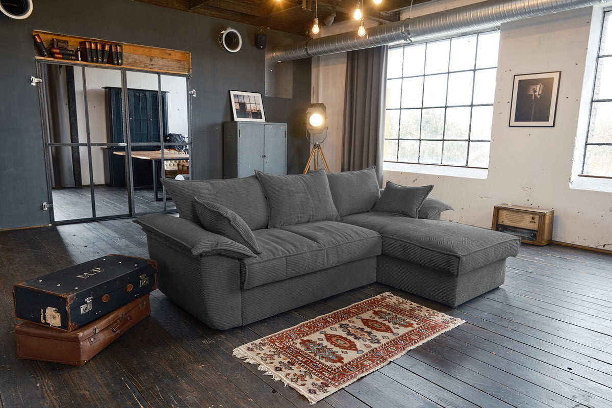 KAWOLA Sofa DAMETO Ecksofa Bettsofa Schlafsofa mit Stauraum Cord grau