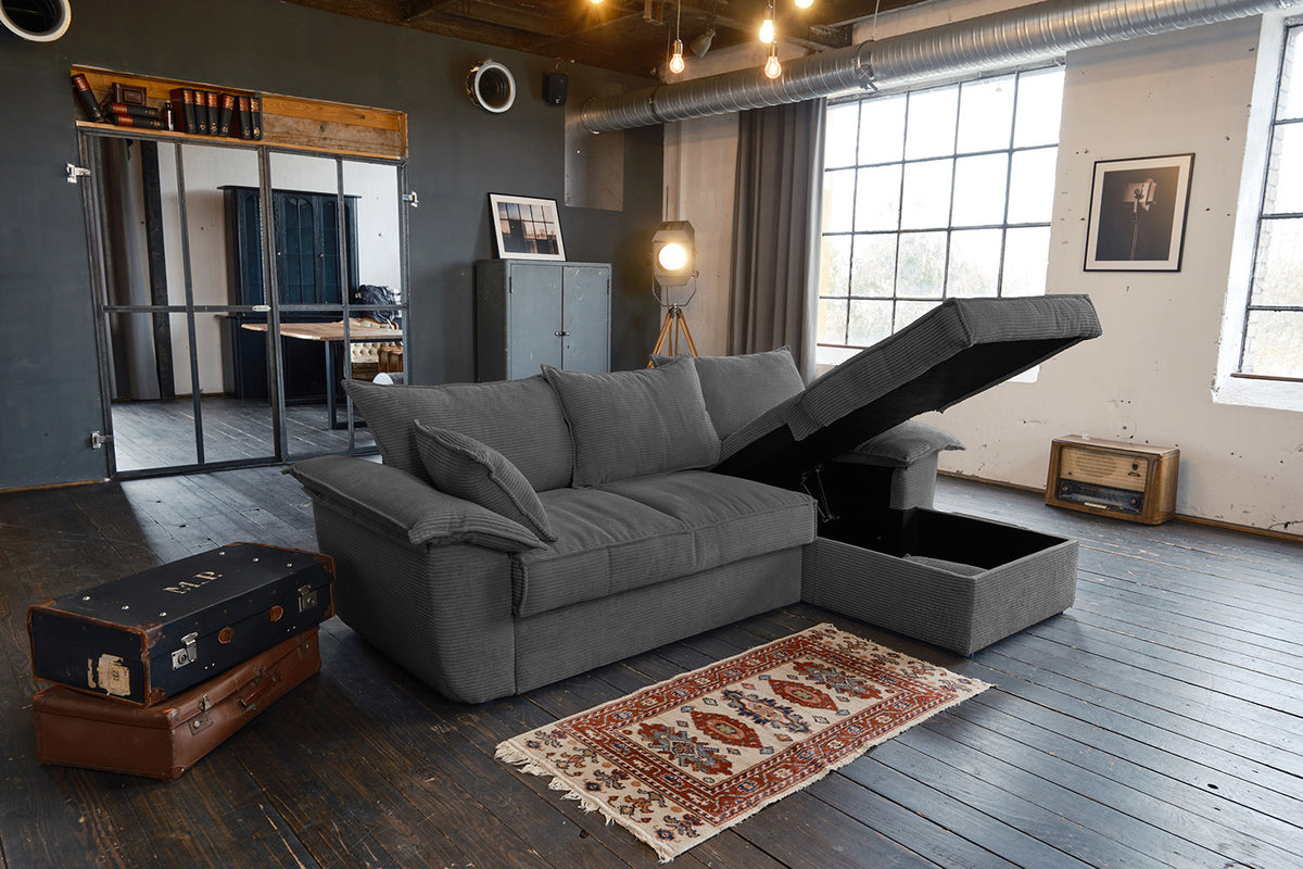 KAWOLA Sofa DAMETO Ecksofa Bettsofa Schlafsofa mit Stauraum Cord grau