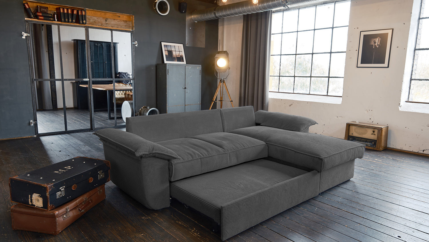 KAWOLA Sofa DAMETO Ecksofa Bettsofa Schlafsofa mit Stauraum Cord grau