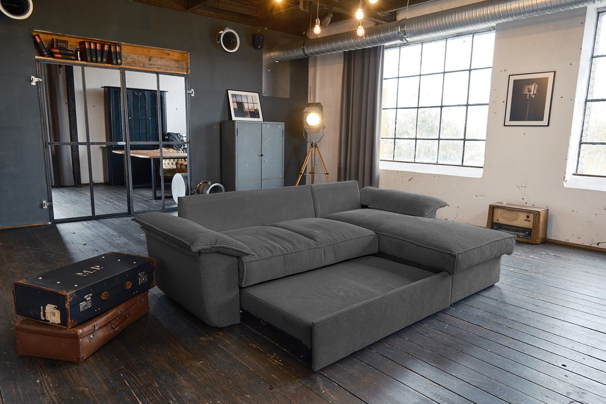 KAWOLA Sofa DAMETO Ecksofa Bettsofa Schlafsofa mit Stauraum Cord grau