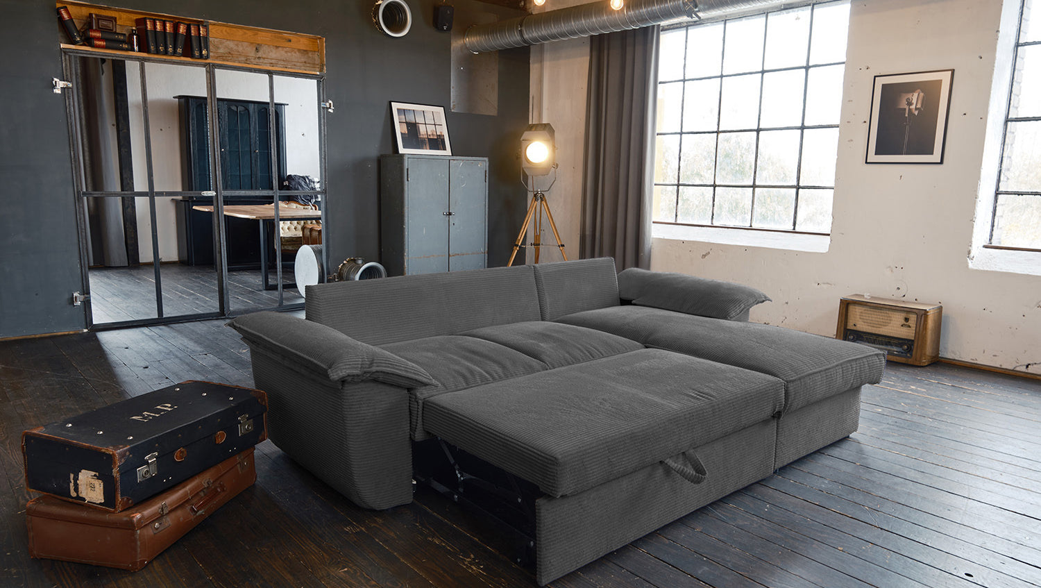 KAWOLA Sofa DAMETO Ecksofa Bettsofa Schlafsofa mit Stauraum Cord grau