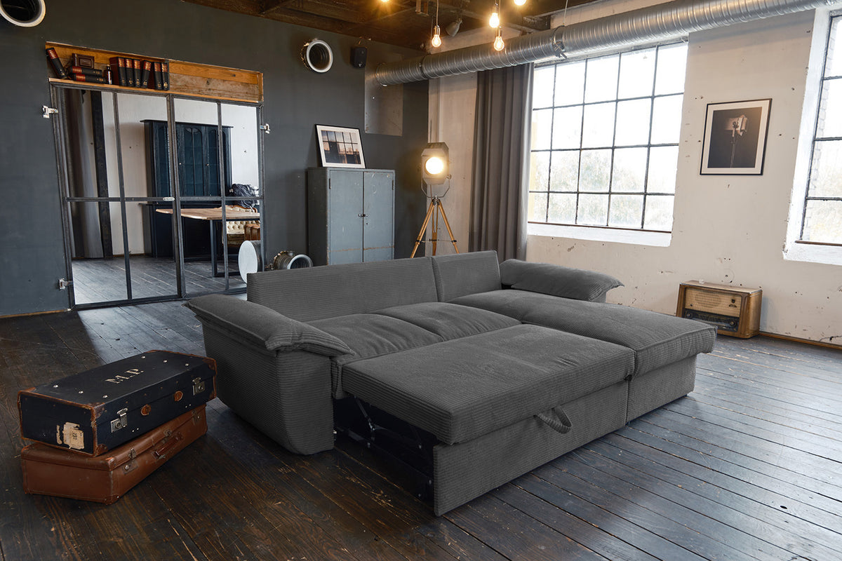 KAWOLA Sofa DAMETO Ecksofa Bettsofa Schlafsofa mit Stauraum Cord grau