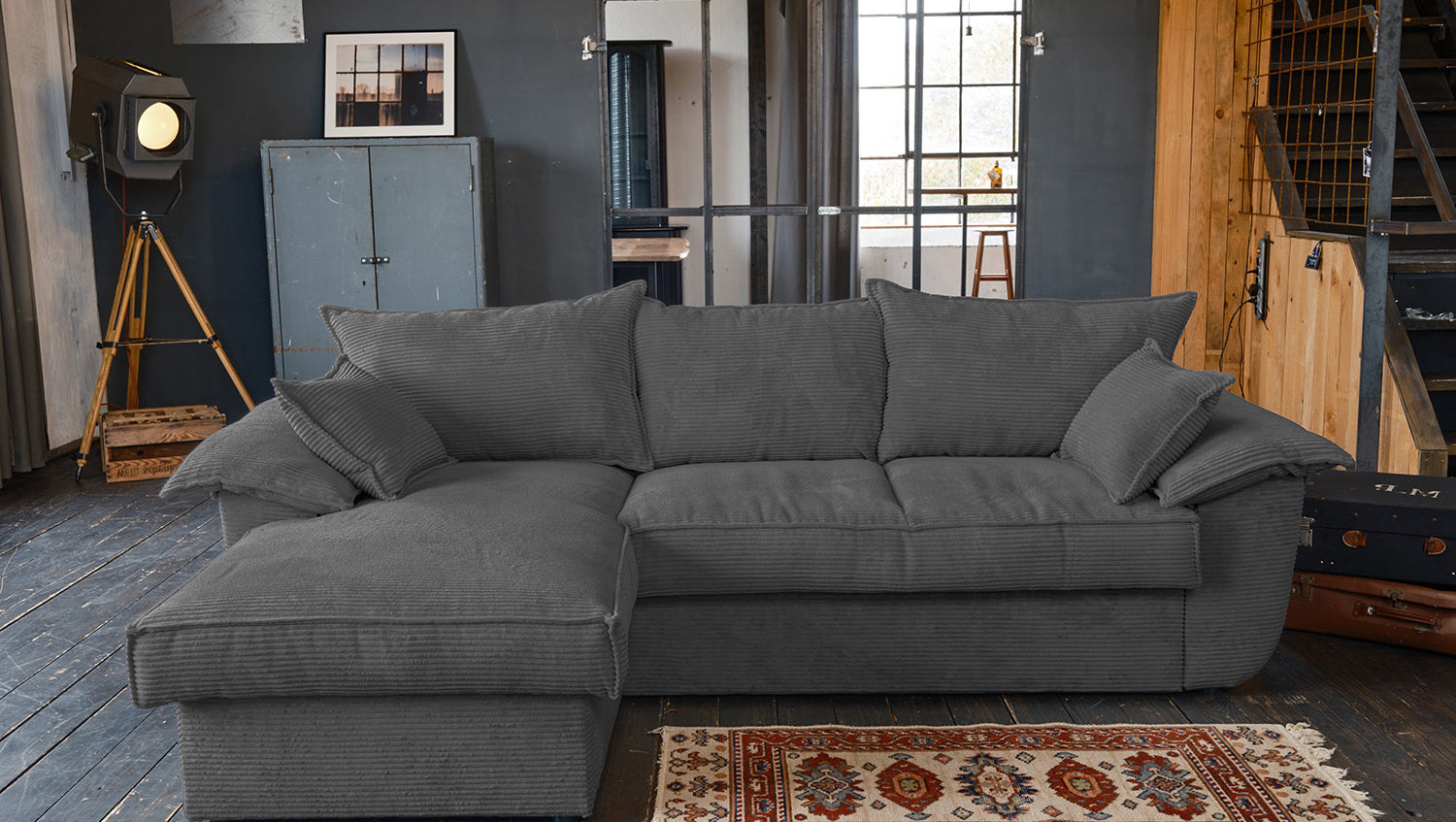 KAWOLA Sofa DAMETO Ecksofa Bettsofa Schlafsofa mit Stauraum Cord grau