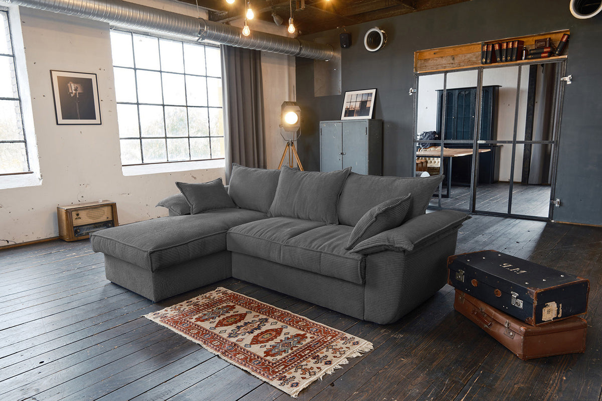KAWOLA Sofa DAMETO Ecksofa Bettsofa Schlafsofa mit Stauraum Cord grau