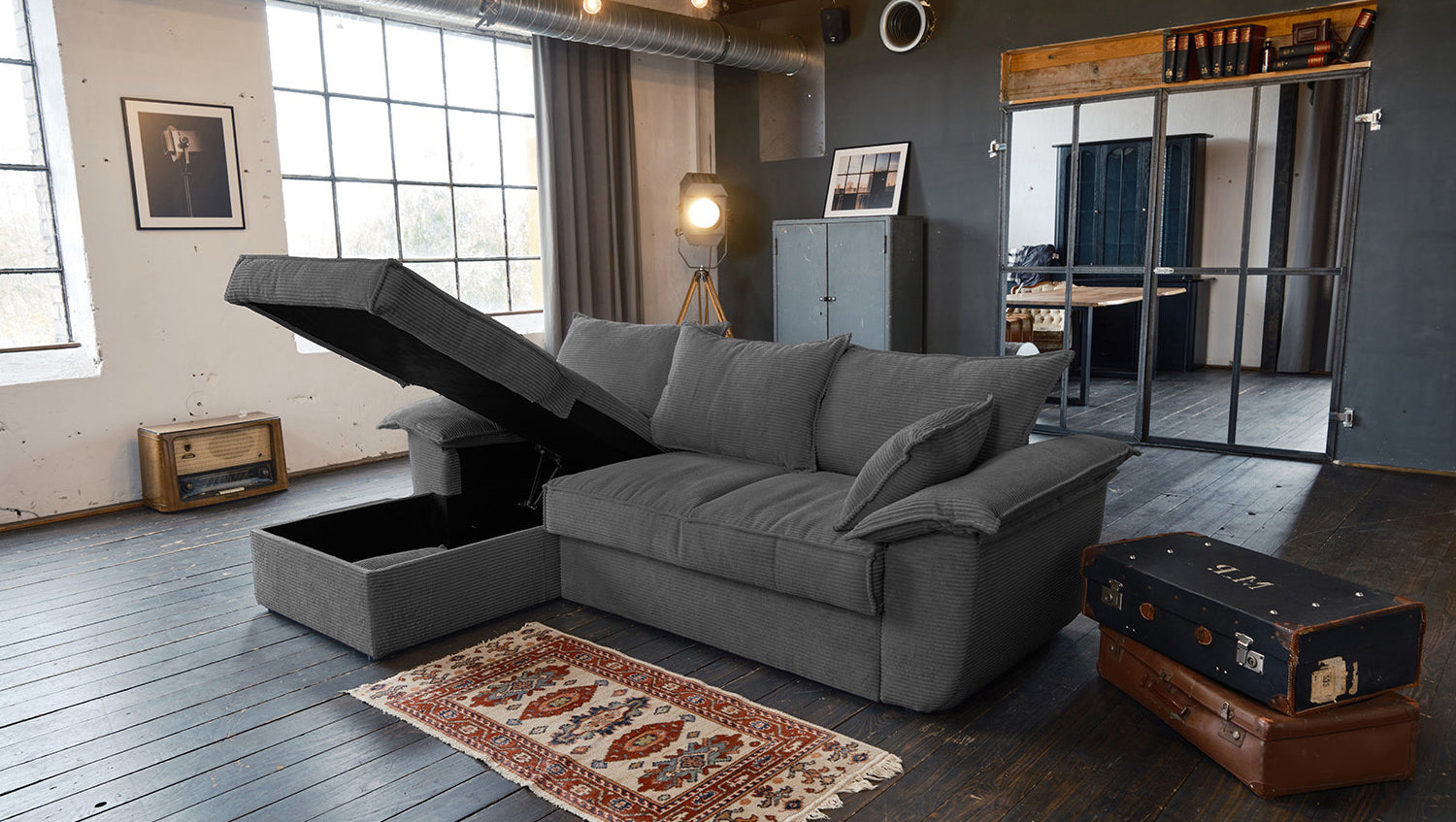 KAWOLA Sofa DAMETO Ecksofa Bettsofa Schlafsofa mit Stauraum Cord grau