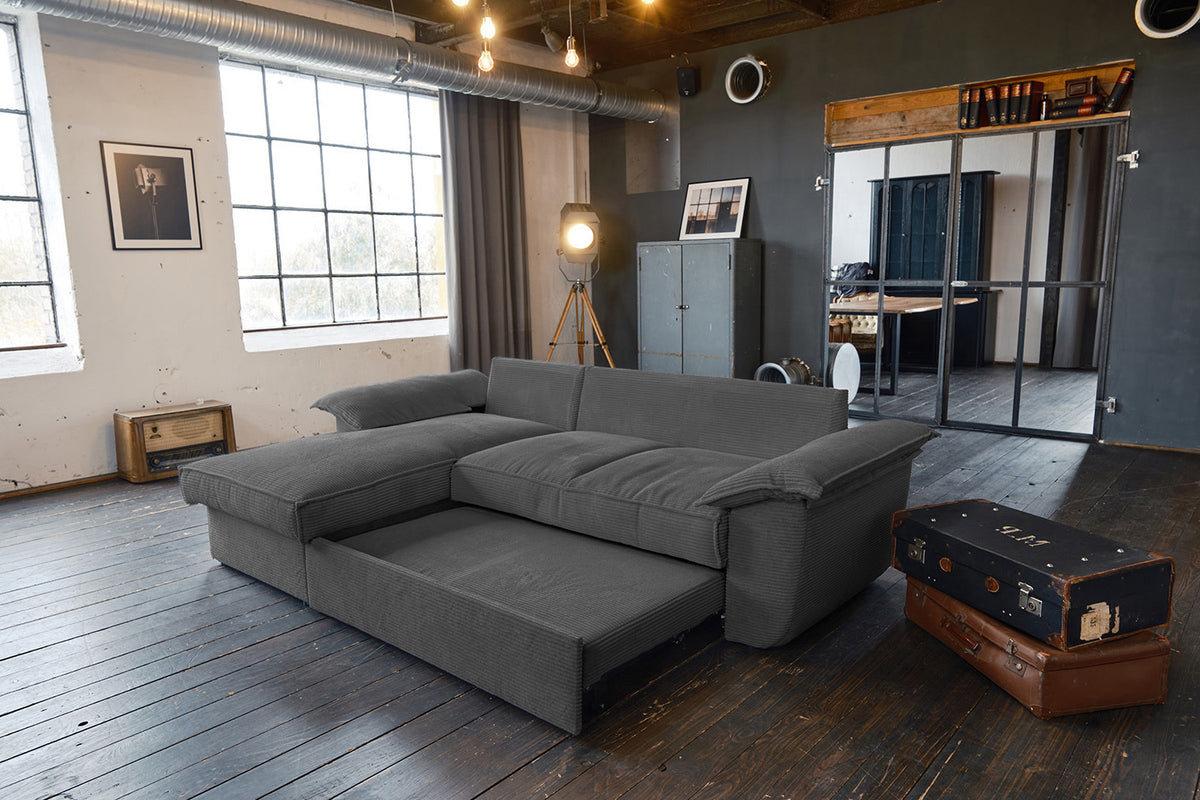 KAWOLA Sofa DAMETO Ecksofa Bettsofa Schlafsofa mit Stauraum Cord grau