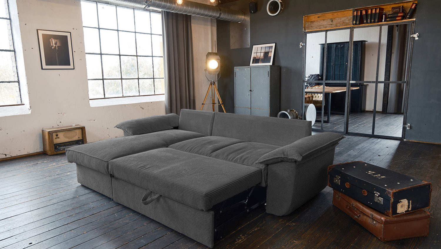 KAWOLA Sofa DAMETO Ecksofa Bettsofa Schlafsofa mit Stauraum Cord grau