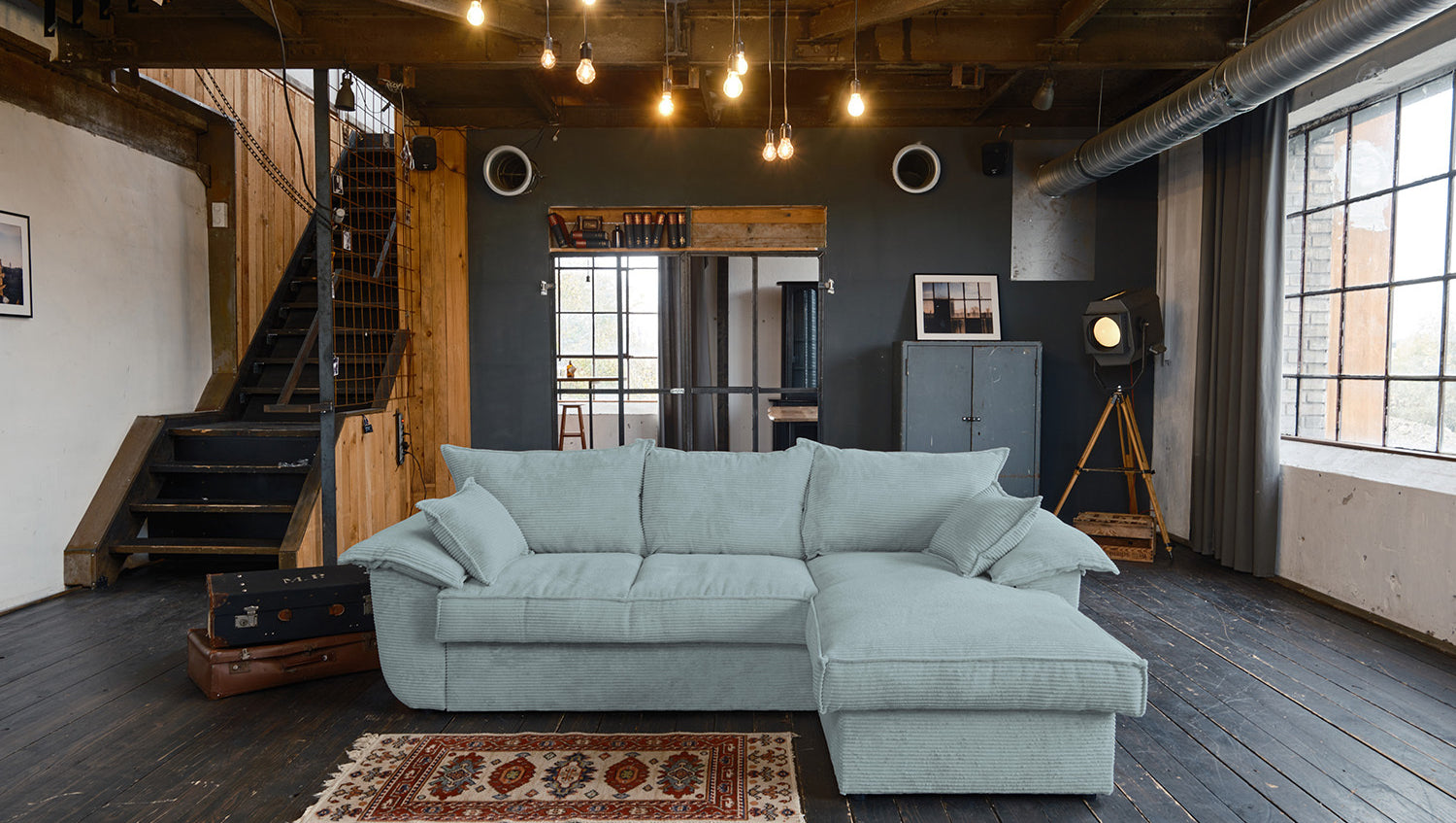 KAWOLA Sofa DAMETO Ecksofa Bettsofa Schlafsofa mit Stauraum Cord hellblau, Rechts
