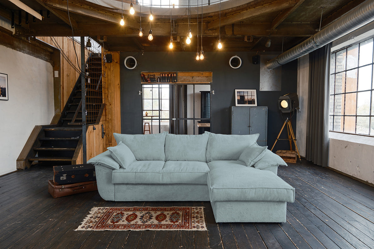KAWOLA Sofa DAMETO Ecksofa Bettsofa Schlafsofa mit Stauraum Cord hellblau, Rechts