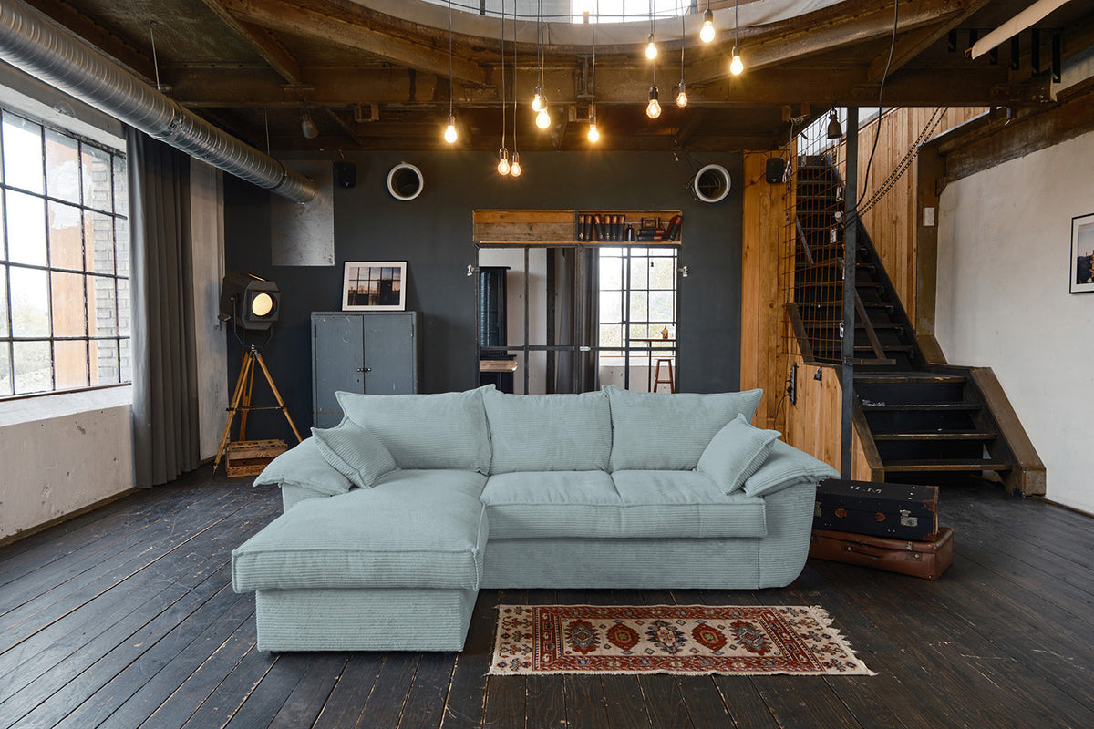 KAWOLA Sofa DAMETO Ecksofa Bettsofa Schlafsofa mit Stauraum Cord hellblau, Links