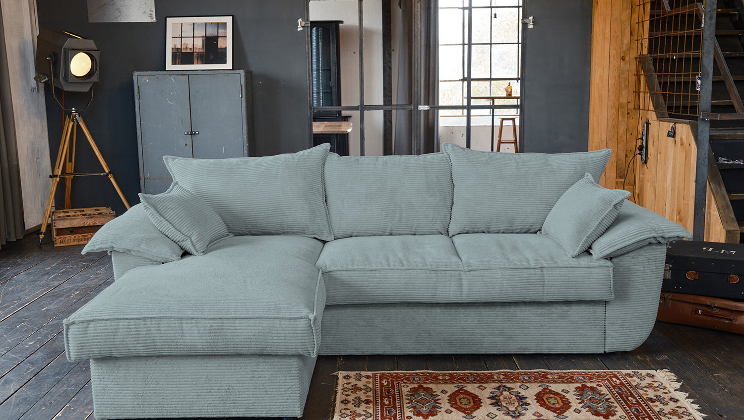 KAWOLA Sofa DAMETO Ecksofa Bettsofa Schlafsofa mit Stauraum Cord hellblau