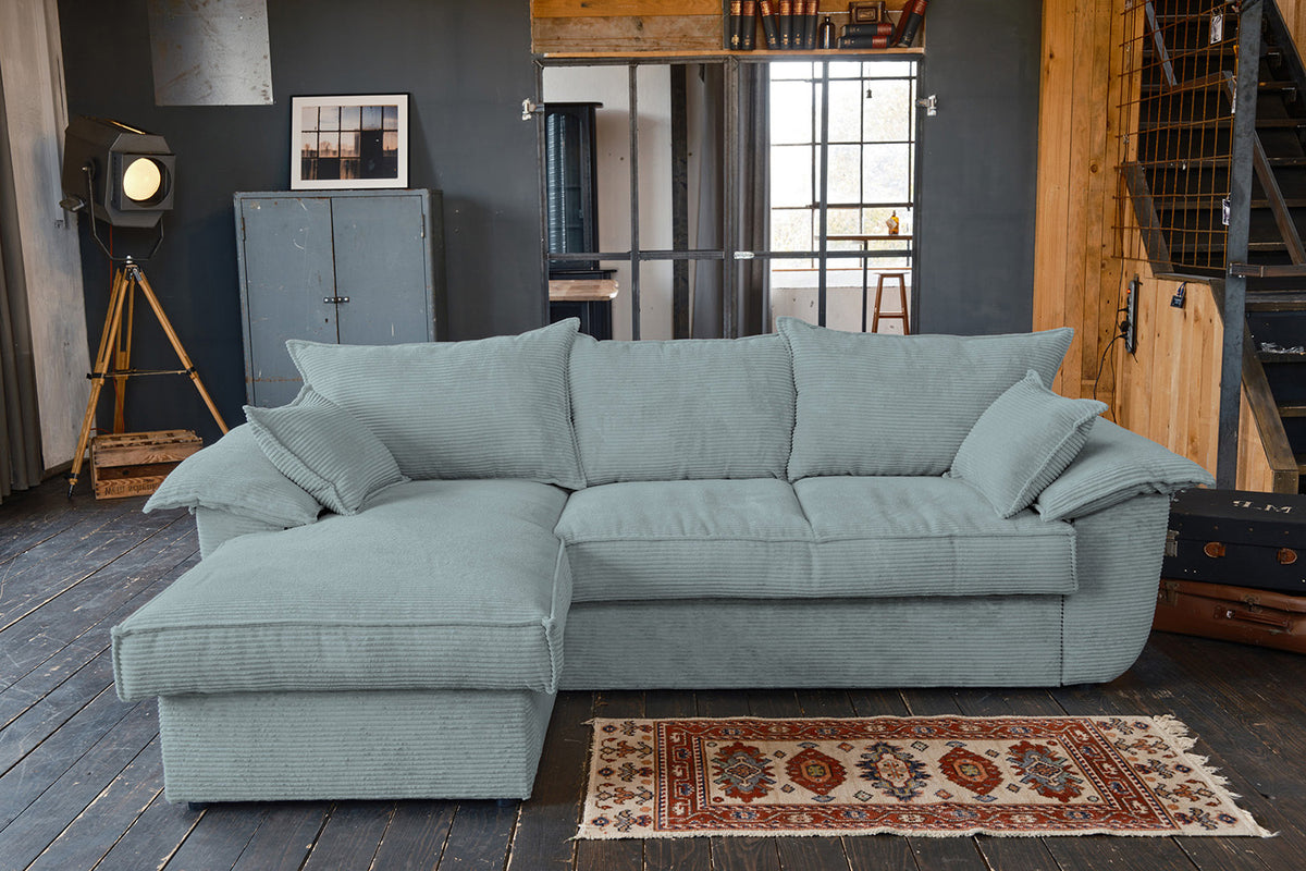 KAWOLA Sofa DAMETO Ecksofa Bettsofa Schlafsofa mit Stauraum Cord hellblau