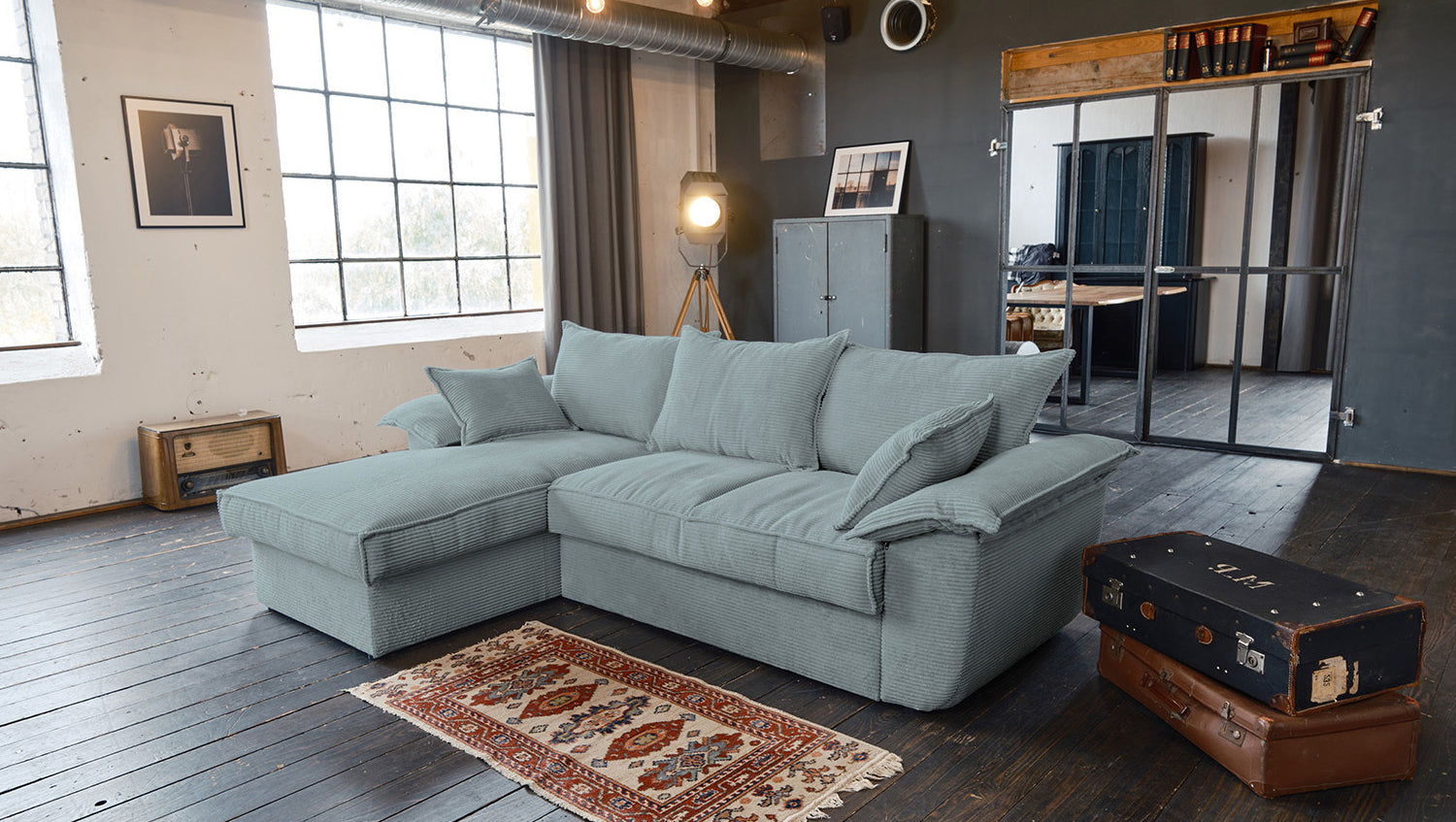 KAWOLA Sofa DAMETO Ecksofa Bettsofa Schlafsofa mit Stauraum Cord hellblau