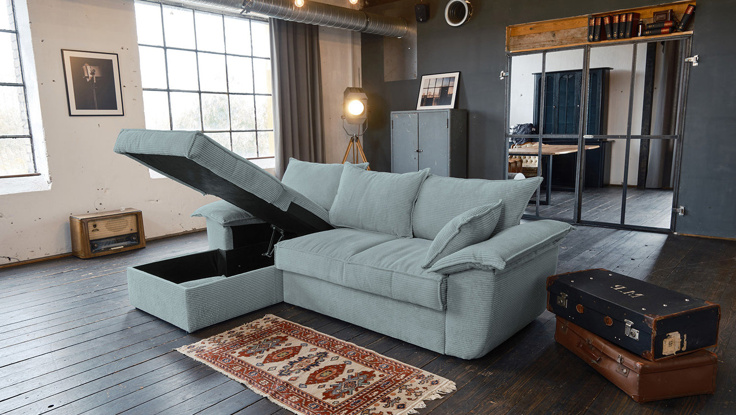 KAWOLA Sofa DAMETO Ecksofa Bettsofa Schlafsofa mit Stauraum Cord hellblau