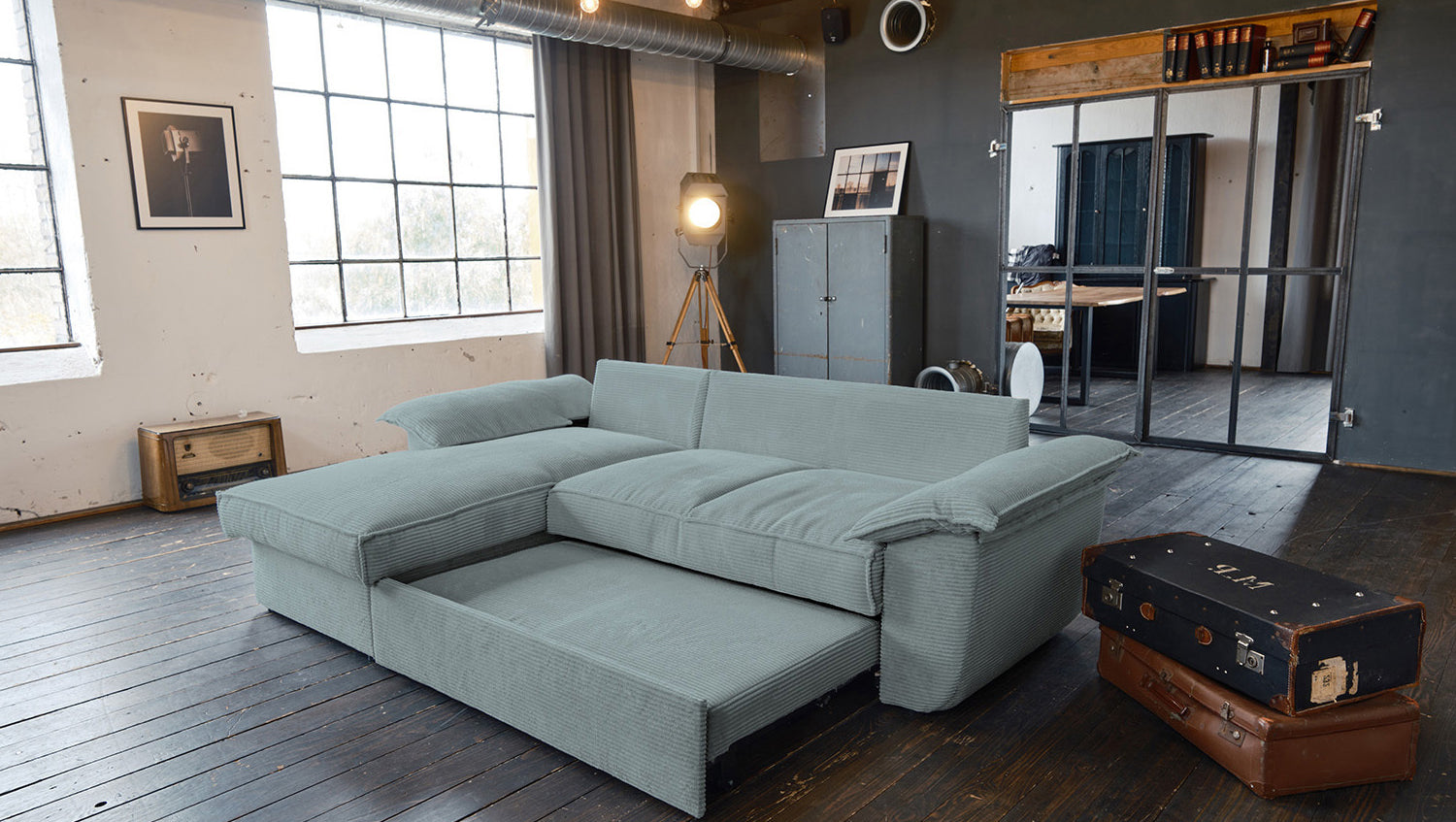 KAWOLA Sofa DAMETO Ecksofa Bettsofa Schlafsofa mit Stauraum Cord hellblau