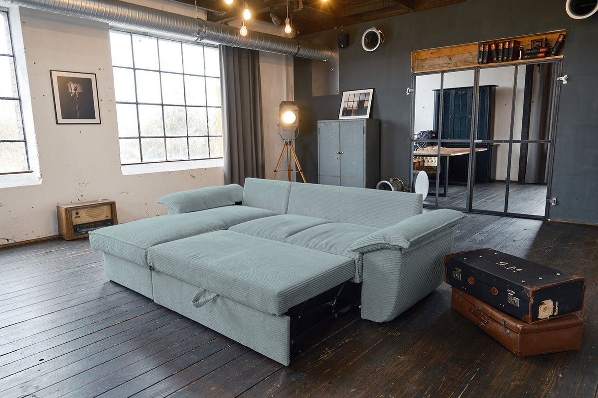 KAWOLA Sofa DAMETO Ecksofa Bettsofa Schlafsofa mit Stauraum Cord hellblau